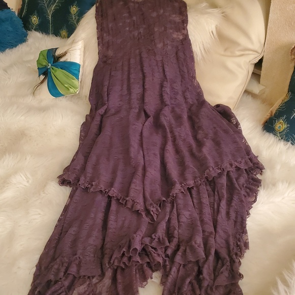 Purple Sheer Lace Victorian Tea Length Midi Dress - Picture 2 of 12